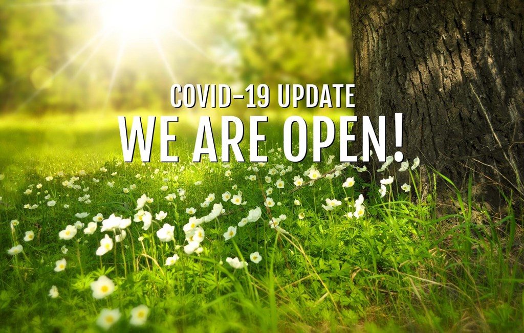 A tree with white flowers and the words " covid-1 9 update we are open !"