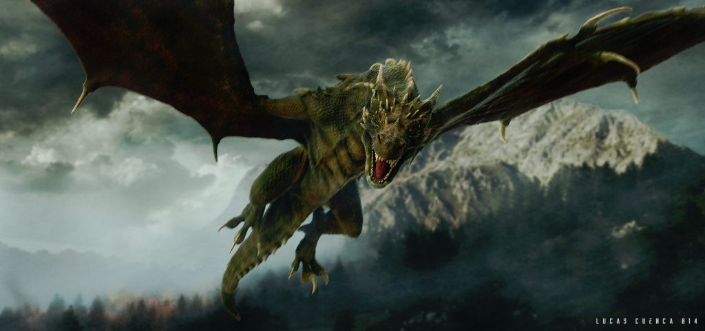 A dragon is flying through the air with clouds in the background.