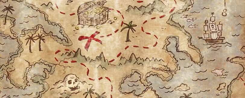 A map of the ocean with pirates and treasure.