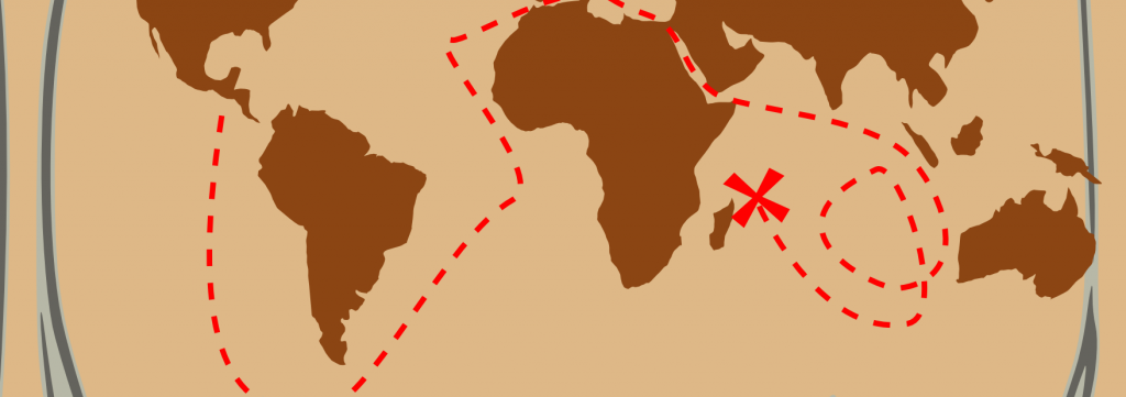 A map of the world with red lines drawn across it.