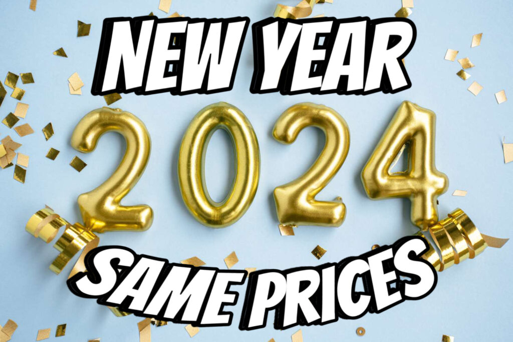 A blue background with gold balloons that say new year 2 0 2 4 same prices.
