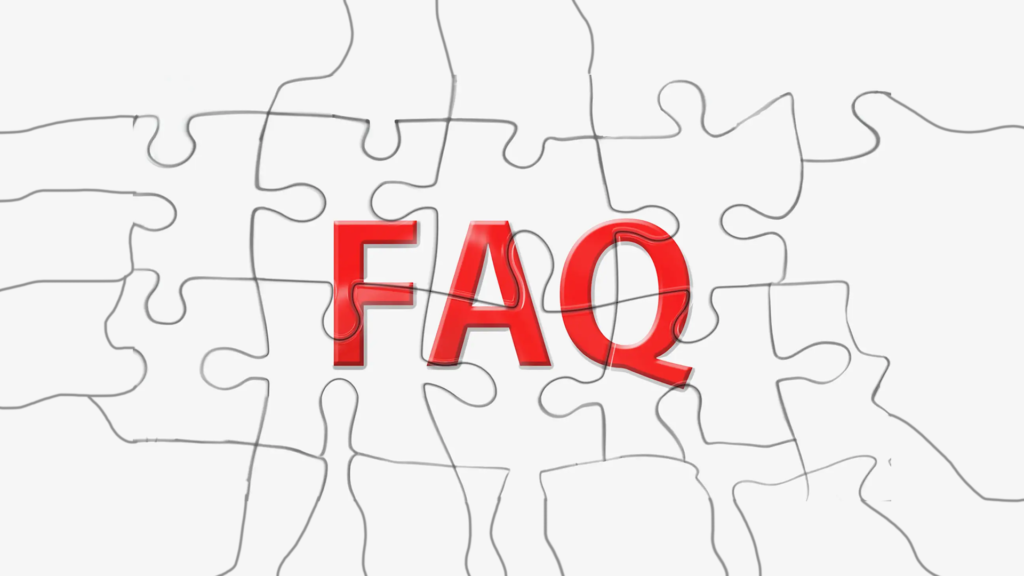 Red FAQ text on a white jigsaw puzzle background.