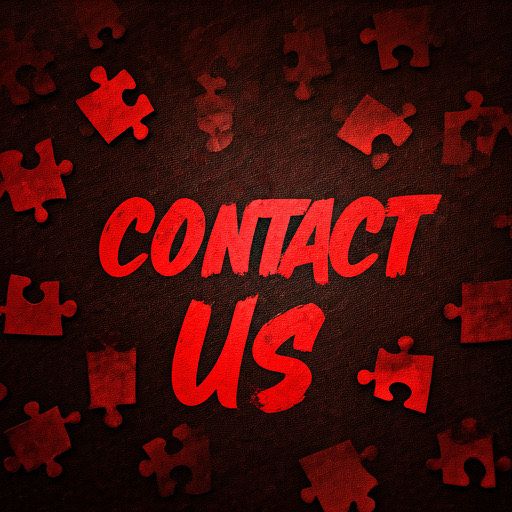 Red 'Contact Us' text with puzzle pieces background.