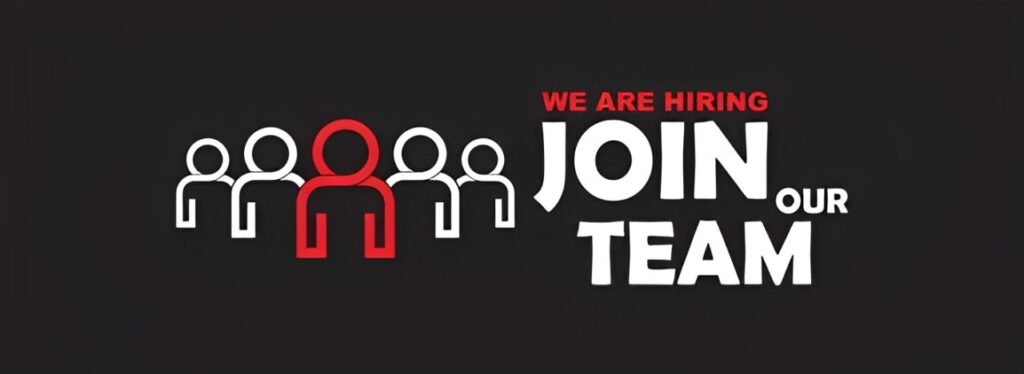 Illustration of a red figure leading white figures with text inviting to join a team.
