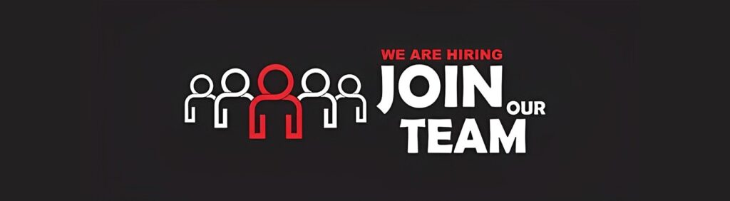 Graphic inviting people to join a team, featuring stylized figures and bold text.