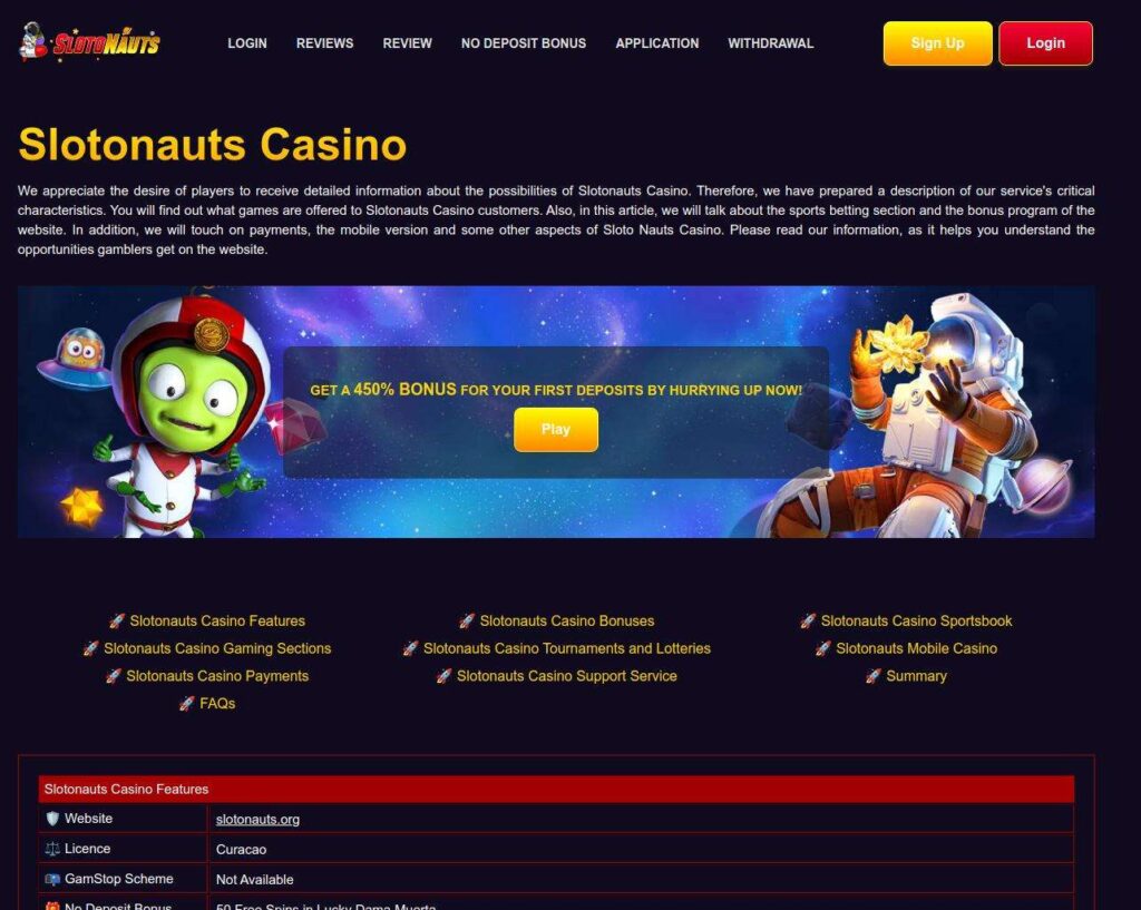 Slotonauts Casino website homepage with space theme.