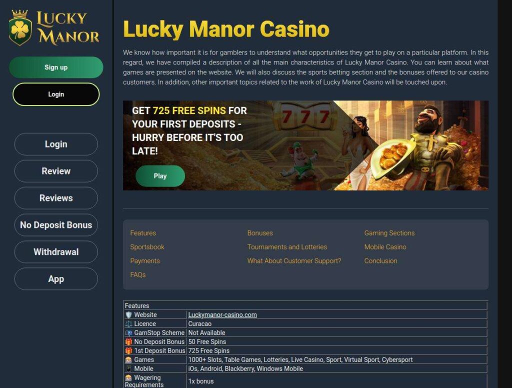 Lucky Manor Casino homepage with promotional banner.