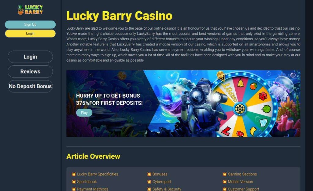 Lucky Barry Casino website homepage with promotions.