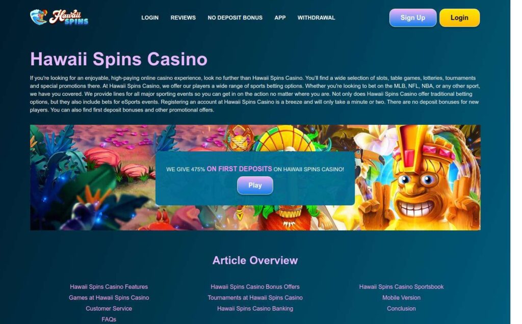 Hawaii Spins Casino webpage with promotional banner.