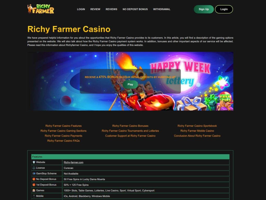 Richy Farmer Casino website homepage screenshot.