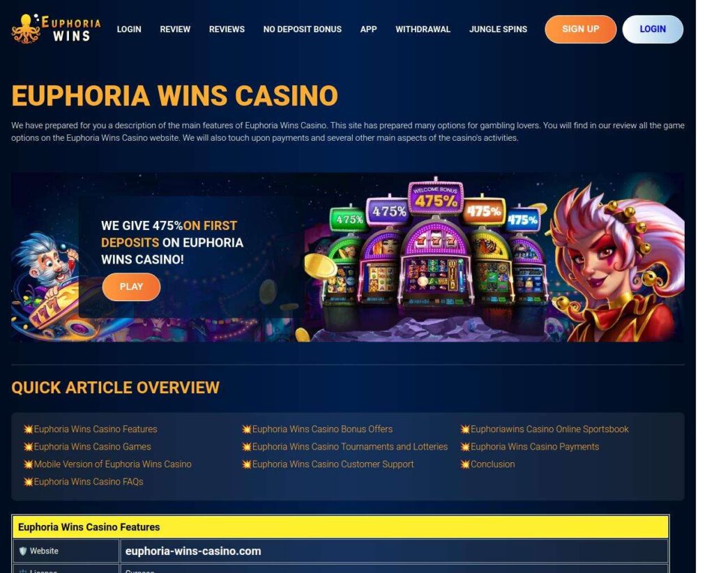 Euphoria Wins Casino homepage with promotional banner.