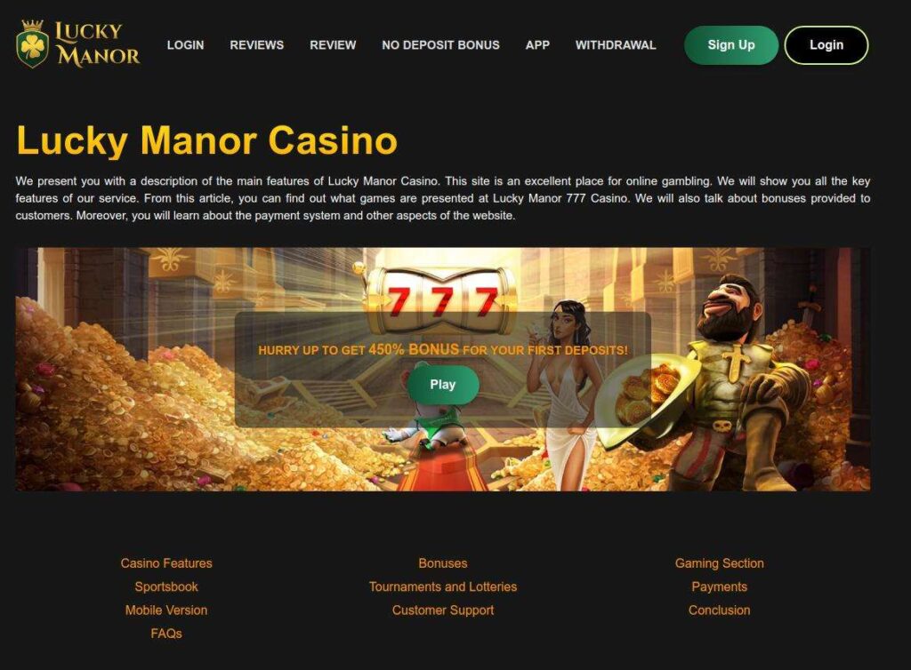 Lucky Manor Casino welcome page with offers.