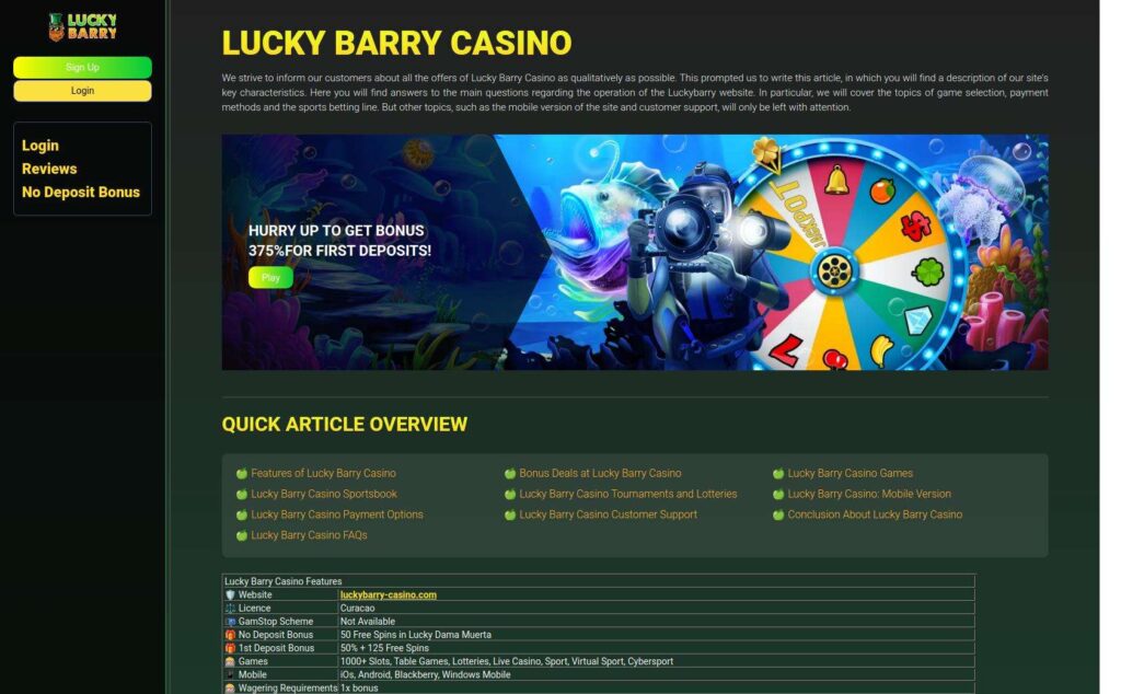 Lucky Barry Casino website homepage with promotions.