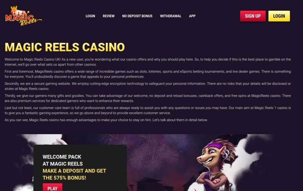 Magic Reels Casino homepage with promotional text.