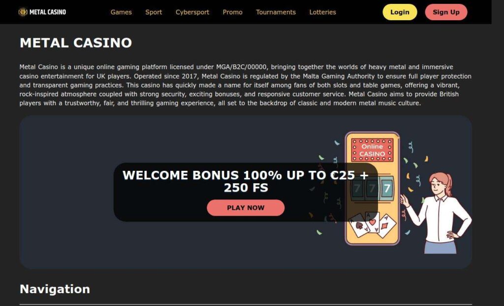 Metal Casino website homepage with bonus offer.